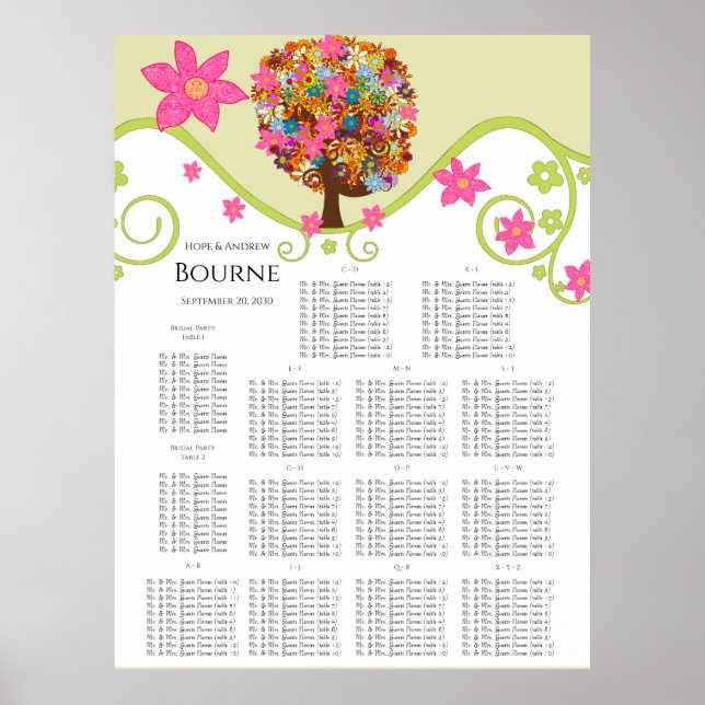 Affiches Flower Tree Seating Chart Alphabetical Table #'s (Devant)