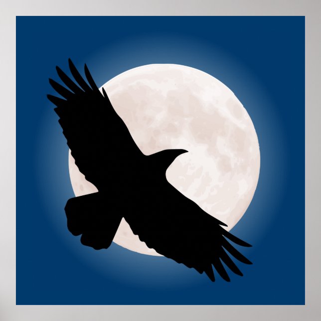Affiches Flying raven avec la lune derrière elle (Devant)