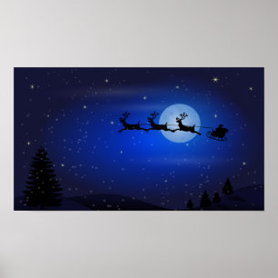 Affiches Flying Santa and his reindeers at night
