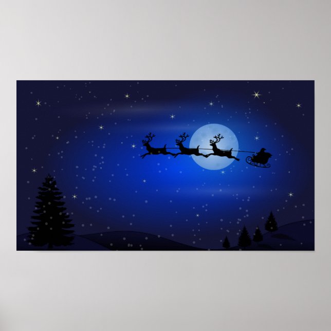 Affiches Flying Santa and his reindeers at night (Devant)