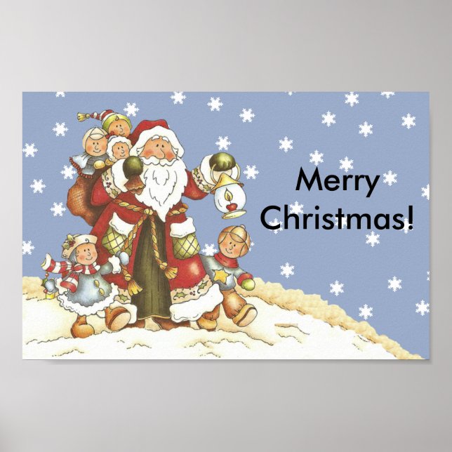 Affiches Folk Art Santa Kids Christmas Snowflakes (Devant)