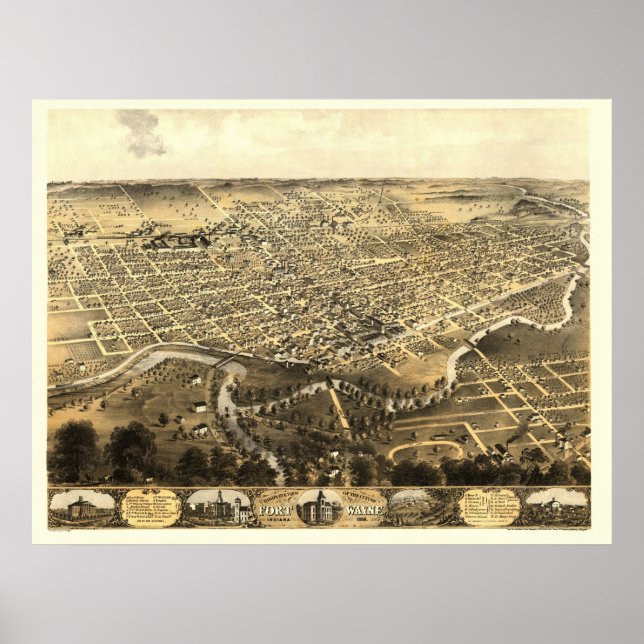 Affiches Fort Wayne, IN Panoramic Map - 1868 (Devant)
