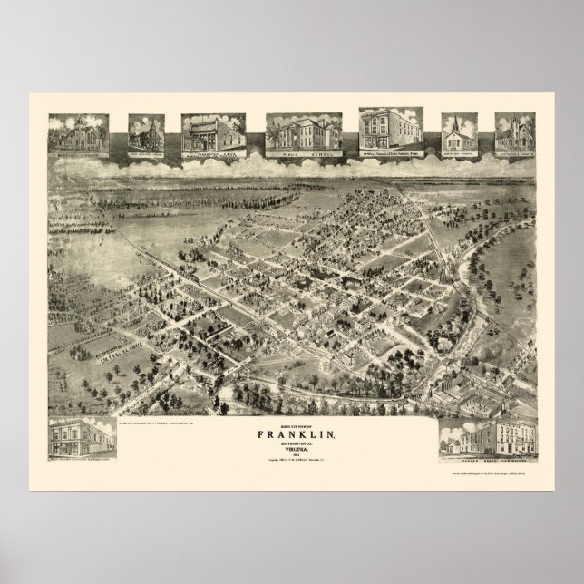 Affiches Franklin, VA Panoramic Map - 1907 (Devant)