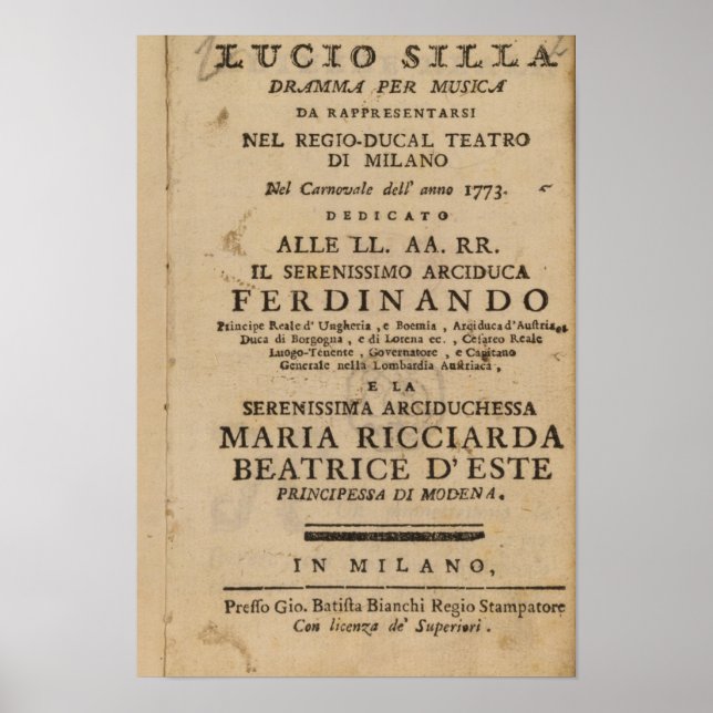 Affiches Frontispiece de "Lucio Silla" de Mozart (Devant)