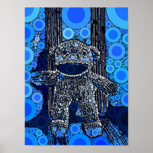 Affiches Funky Blue Sock Monkey Circles Bubbles Pop Art