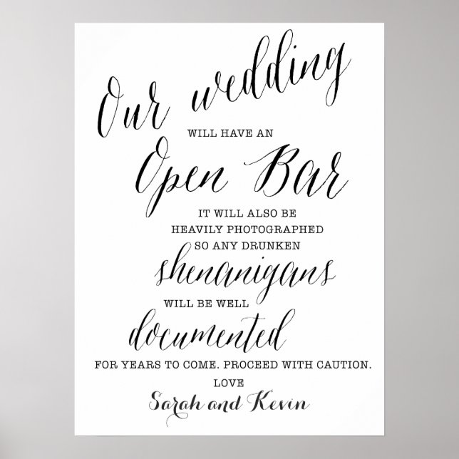 Affiches Funny Open Bar Mariage signe | Noms personnalisés (Devant)
