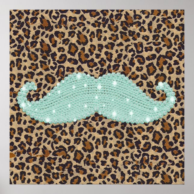Affiches Funny Teal Green Bling Mustache And Animal Print (Devant)