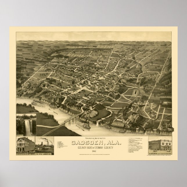 Affiches Gadsden, AL Carte panoramique - 1887 (Devant)