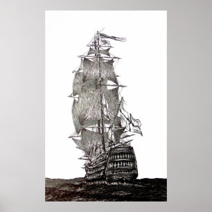 Affiches Galleon's pen and ink drawing in black and white
