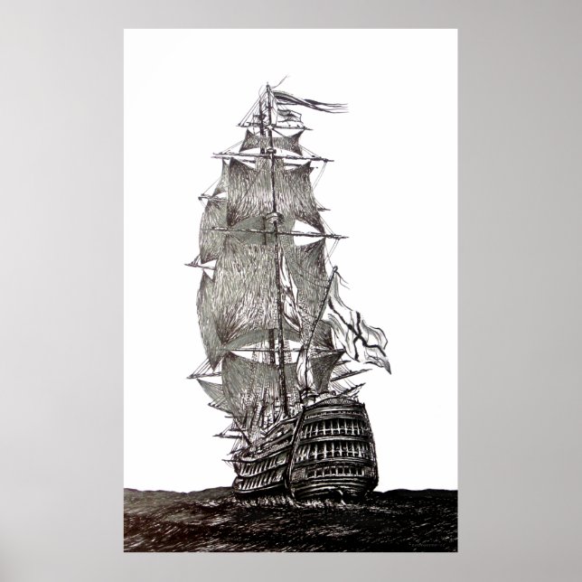 Affiches Galleon's pen and ink drawing in black and white (Devant)