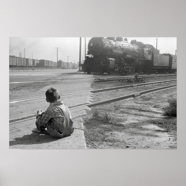 Affiches Garçon à observer les trains, 1939. Photo vintage (Devant)