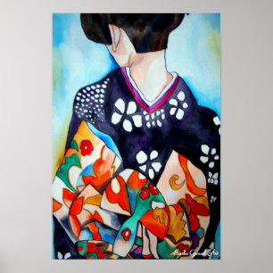 Affiches Geisha japonais avec kimono bleu art original
