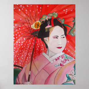 Affiches Geisha japonais avec parapluie rouge art original