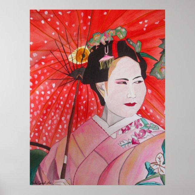 Affiches Geisha japonais avec parapluie rouge art original (Devant)