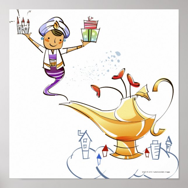 Affiches Genie apportant une maison et des cadeaux d'une la (Devant)