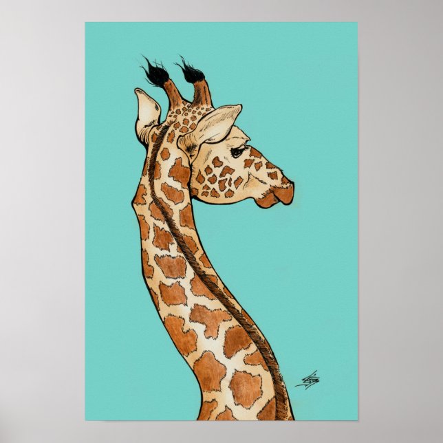 Affiches Giraffe avec arrière - plan turquoise (Devant)