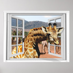 Affiches Giraffe dans Fake Window View Trompe l'oeil Effet