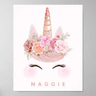 Affiches Girl Floral Unicorn Rose Gold Personnalisé