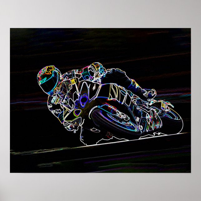 Affiches Glowing Motorcycle Rider Circle Racing Sketch (Devant)