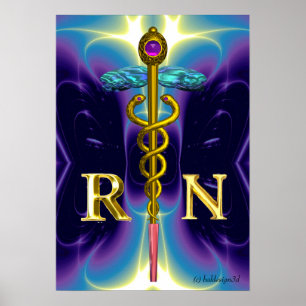 Affiches GOLD CADUCEUS SYMBOLE INFIRMIER INSCRIT Purple Blu
