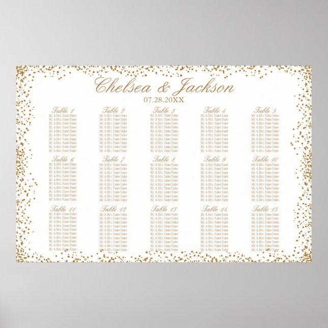 Affiches Gold Confetti et Blanc - 15 Seating Chart (Devant)