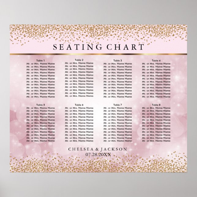 Affiches Gold Confetti et Pink Bokeh - 10 Seating Chart (Devant)