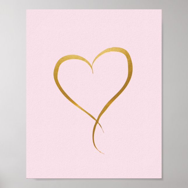 Affiches Gold Heart sur arrière - plan rose - Art Print (Devant)