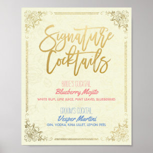 Affiches Gold Script Mariage Signature Cocktail Menu Boisso
