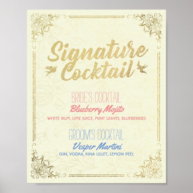 Affiches Gold Script Mariage Signature Cocktail Menu Boisso (Devant)