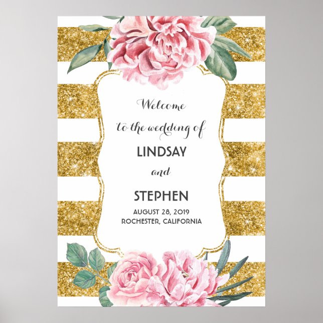 Affiches Gold Stripes Floral Rose Blanc Mariage Bienvenue (Devant)