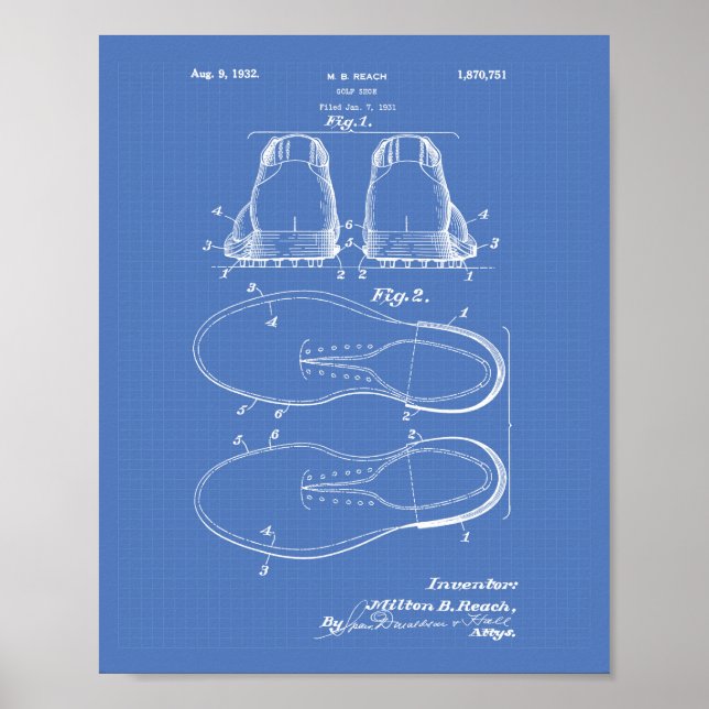 Affiches Golf Shoe 1932 Patent Art - Blueprint (Devant)