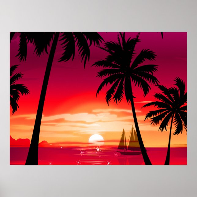 Affiches Gorgeous Shimmery Island Sunset & Sailboat (Devant)