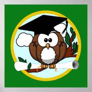 Affiches Graduation Owl With Cap & Diploma - Green and Gold