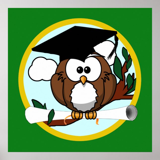 Affiches Graduation Owl With Cap & Diploma - Green and Gold (Devant)