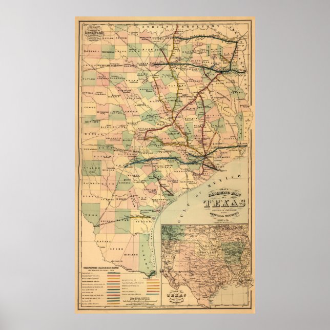 Affiches Gray's Railroad Map of Texas (1877) (Devant)