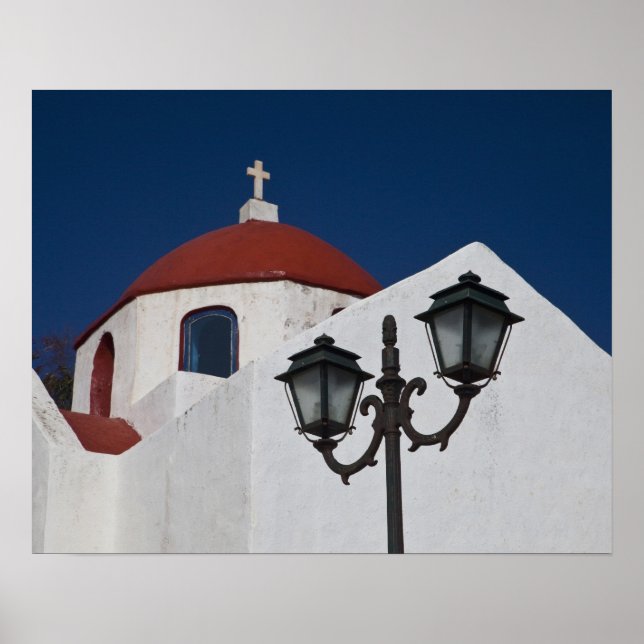 Affiches Grèce, Mykonos, Chapelle au dôme rouge et (Devant)
