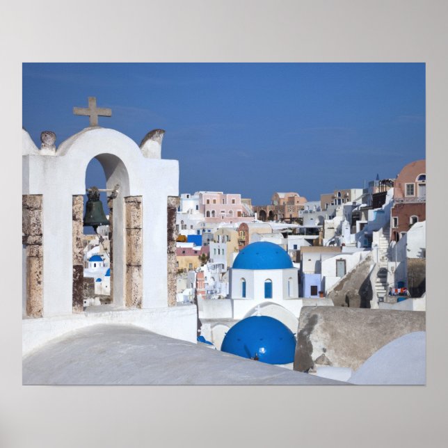 Affiches Grèce, Santorin. Tour Bell et dômes bleus de 2 (Devant)