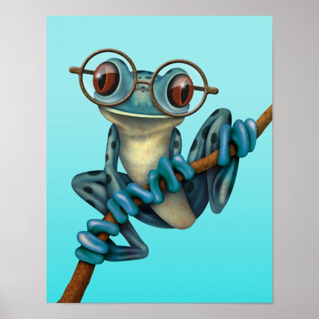Affiches Grenouille à l'arbre bleu mignonne avec lunettes d (Devant)