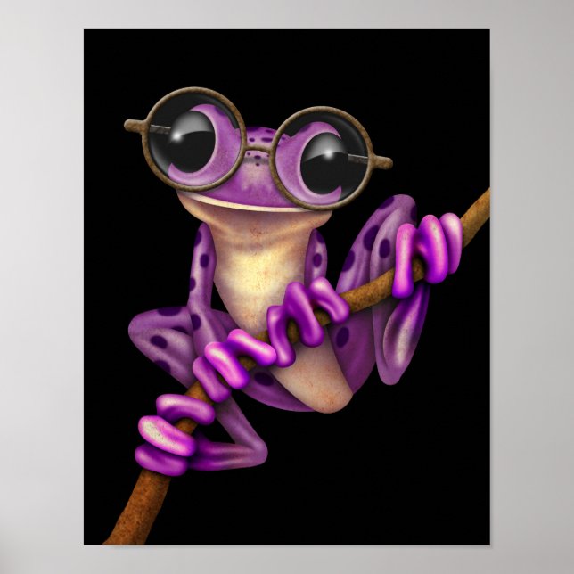 Affiches Grenouille mauve avec lunettes d'oeil sur noir (Devant)