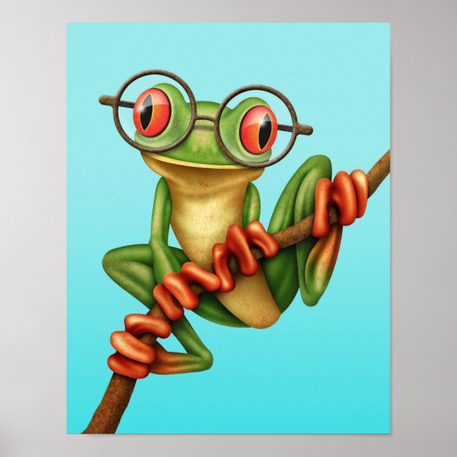 Affiches Grenouille verte mignonne avec lunettes d'oeil sur (Devant)