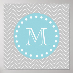 Affiches Gris et bleu moderne Chevron personnalisé Monogram