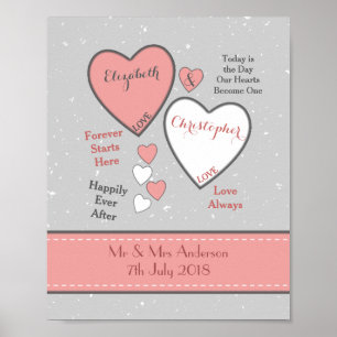 Affiches Gris et corail avec le coeur Mariage