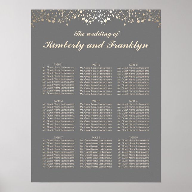 Affiches Gris et Gold Baby's Breath Mariage Seating Chart (Devant)