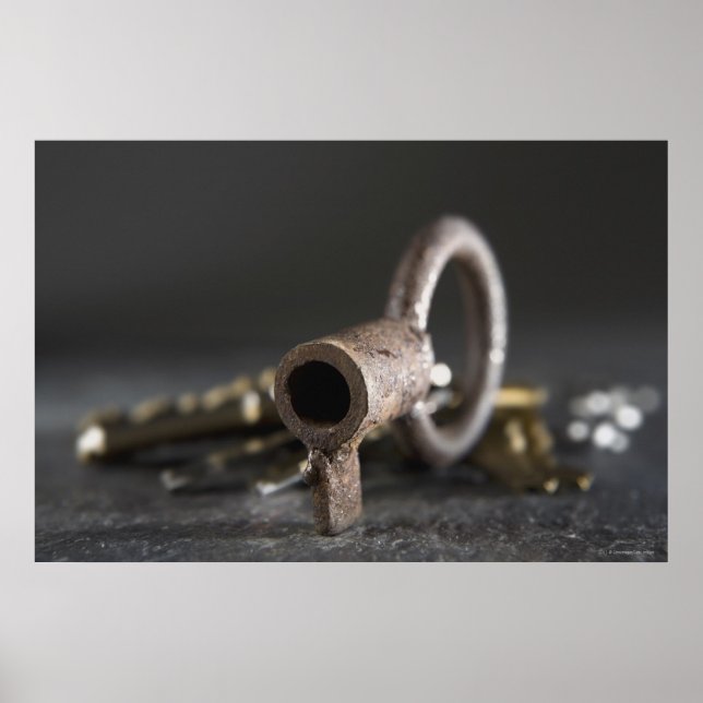 Affiches Gros plan d'une clé dans une bague de clé (Devant)
