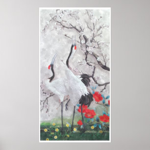 Affiches Grue chinoise à l'aquarelle à fleurs de Pêche