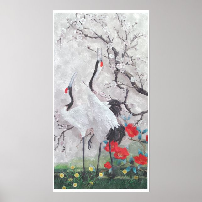 Affiches Grue chinoise à l'aquarelle à fleurs de Pêche (Devant)