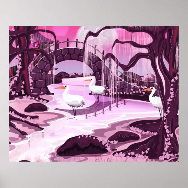 Affiches Grues dans le jardin coréen (Devant)