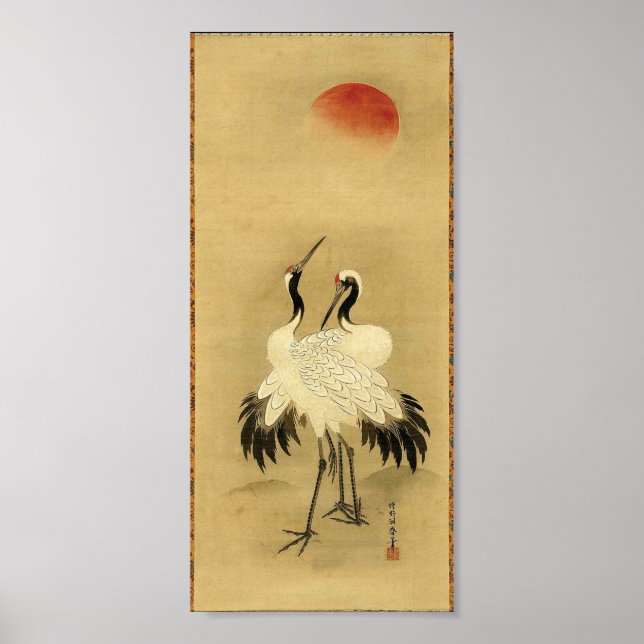 Affiches Grues japonaises et soleil 18ème siècle (Devant)