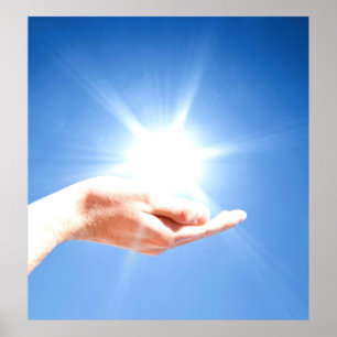 Affiches Guérir les mains sur arrière - plan bleu, reiki, c