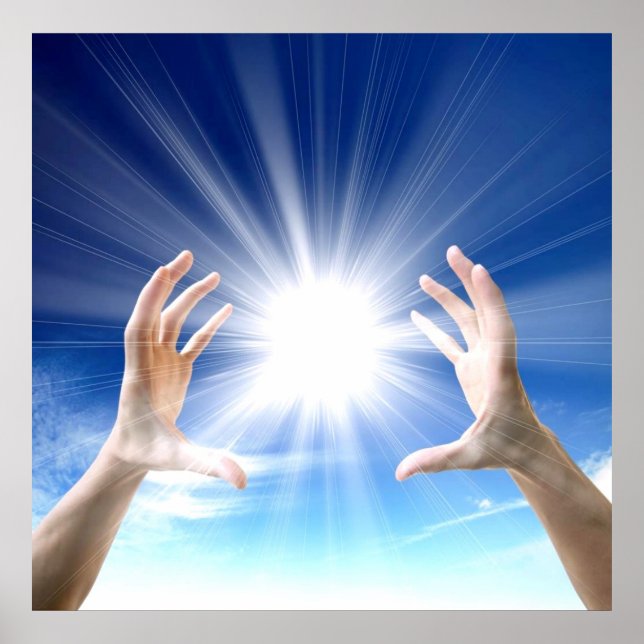 Affiches Guérir les mains sur arrière - plan bleu, reiki, c (Devant)